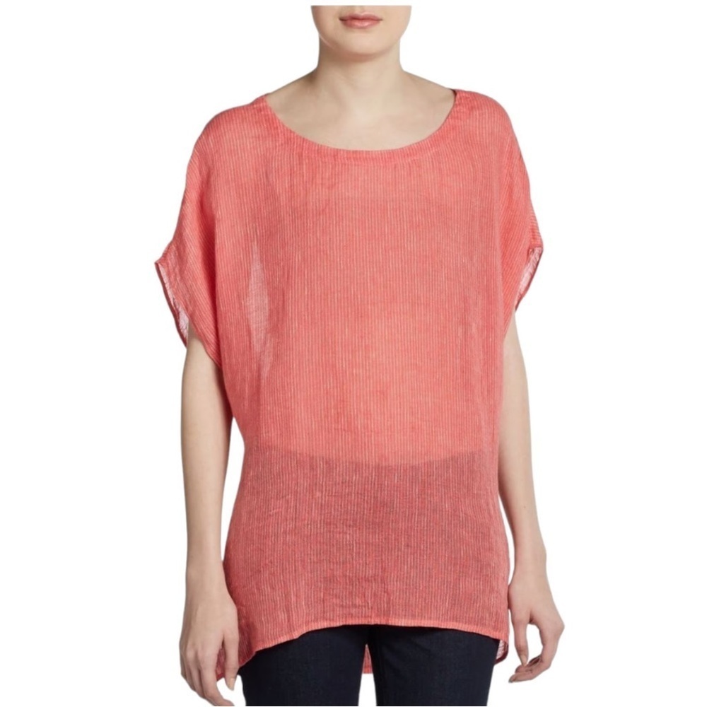 EILEEN FISHER Linen Gause Pinstriped HI Low Boxy Tunic Top Lightweight